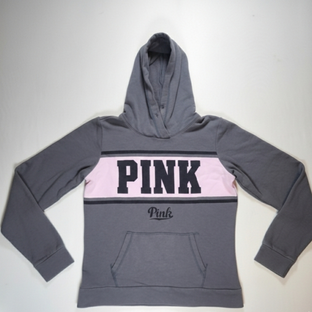 VS PINK Colorblock Hoodie Gray Pink Spellout Logo Vintage Y2K Aesthetic S